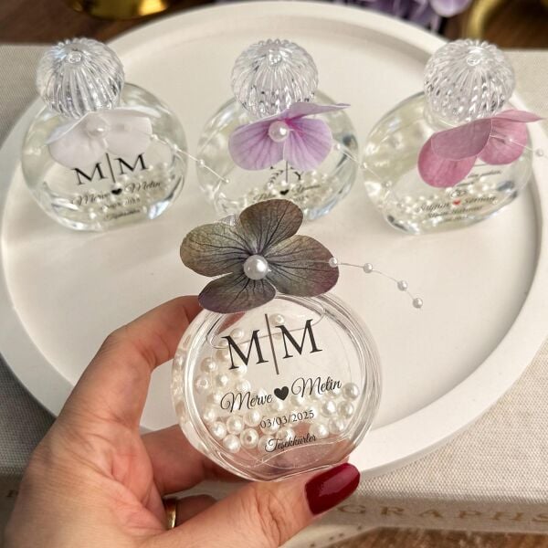 Kolonya Şişesi Islak Ortanca Süslemeli 50 CC Cam Nikah Nişan Söz Bebek Şekeri Hediyelik Antrasit Organizasyon