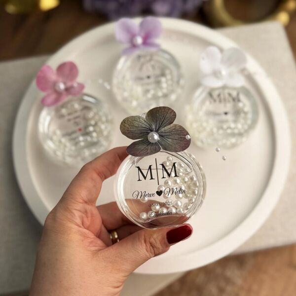 Kolonya Şişesi Islak Ortanca Süslemeli 50 CC Cam Nikah Nişan Söz Bebek Şekeri Hediyelik Antrasit Organizasyon