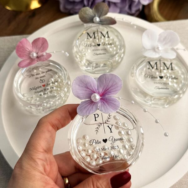 Kolonya Şişesi Islak Ortanca Süslemeli 50 CC Cam Nikah Nişan Söz Bebek Şekeri Hediyelik Antrasit Organizasyon