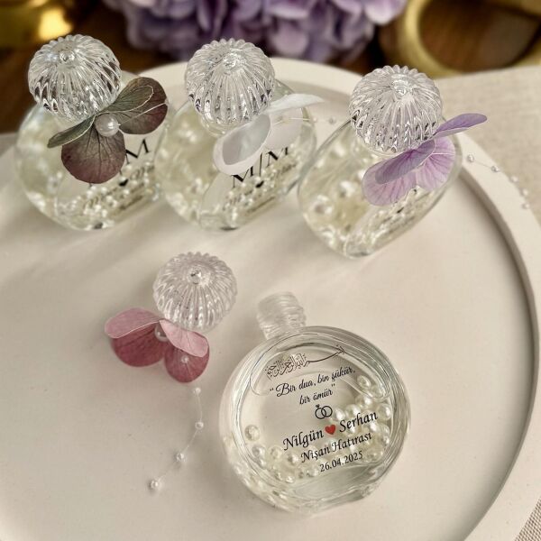 Kolonya Şişesi Islak Ortanca Süslemeli 50 CC Cam Nikah Nişan Söz Bebek Şekeri Hediyelik Antrasit Organizasyon