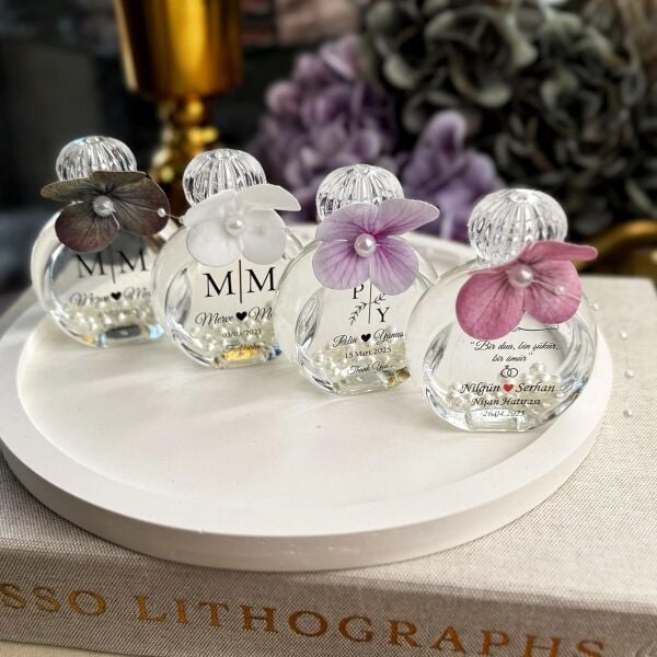 Kolonya Şişesi Islak Ortanca Süslemeli 50 CC Cam Nikah Nişan Söz Bebek Şekeri Hediyelik Antrasit Organizasyon