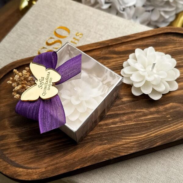 KUTULU Lotus Mum Pleksi Etikeli Nikah Nişan Söz Bebek Şekeri Hediyelik Antrasit Organizasyon
