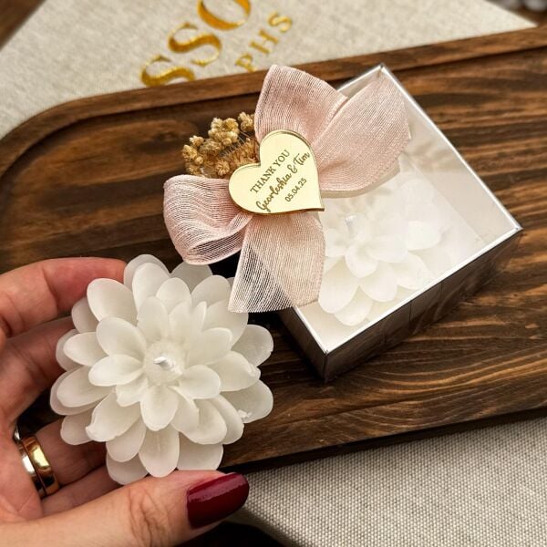KUTULU Lotus Mum Pleksi Etikeli Nikah Nişan Söz Bebek Şekeri Hediyelik Antrasit Organizasyon