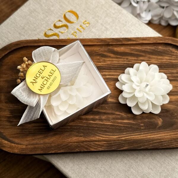 KUTULU Lotus Mum Pleksi Etikeli Nikah Nişan Söz Bebek Şekeri Hediyelik Antrasit Organizasyon