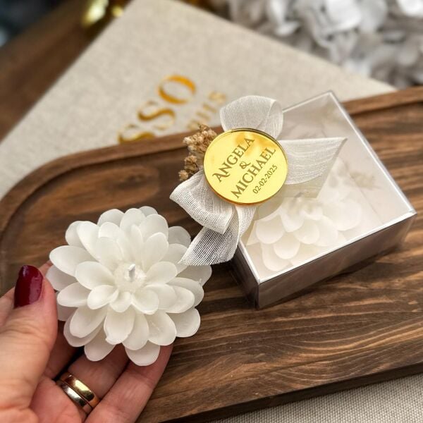 KUTULU Lotus Mum Pleksi Etikeli Nikah Nişan Söz Bebek Şekeri Hediyelik Antrasit Organizasyon