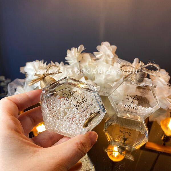 Antrasit Organizasyon İncili Kandil 50 CC Altıgen Cam Şişe Nikah Nişan Söz Bebek Şekeri Hediyelik