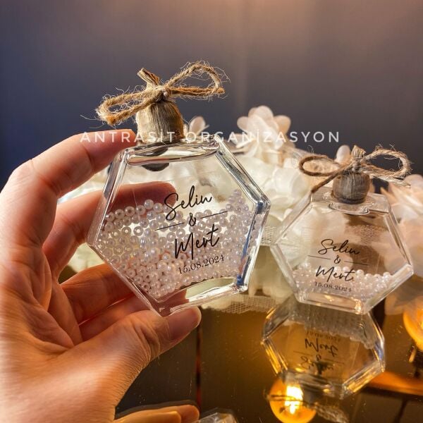 Antrasit Organizasyon İncili Kandil 50 CC Altıgen Cam Şişe Nikah Nişan Söz Bebek Şekeri Hediyelik