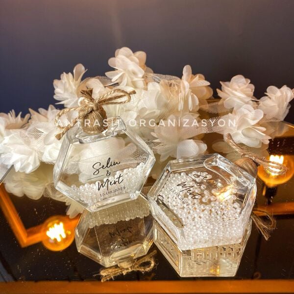 Antrasit Organizasyon İncili Kandil 50 CC Altıgen Cam Şişe Nikah Nişan Söz Bebek Şekeri Hediyelik