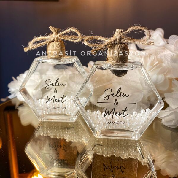 Antrasit Organizasyon İncili Kandil 50 CC Altıgen Cam Şişe Nikah Nişan Söz Bebek Şekeri Hediyelik