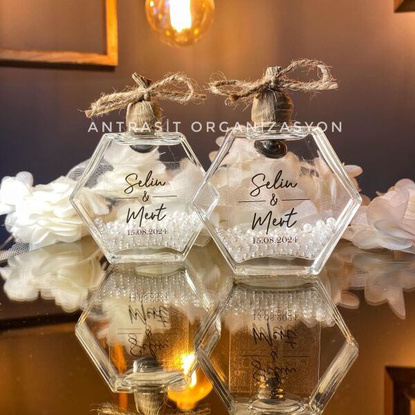 Antrasit Organizasyon İncili Kandil 50 CC Altıgen Cam Şişe Nikah Nişan Söz Bebek Şekeri Hediyelik
