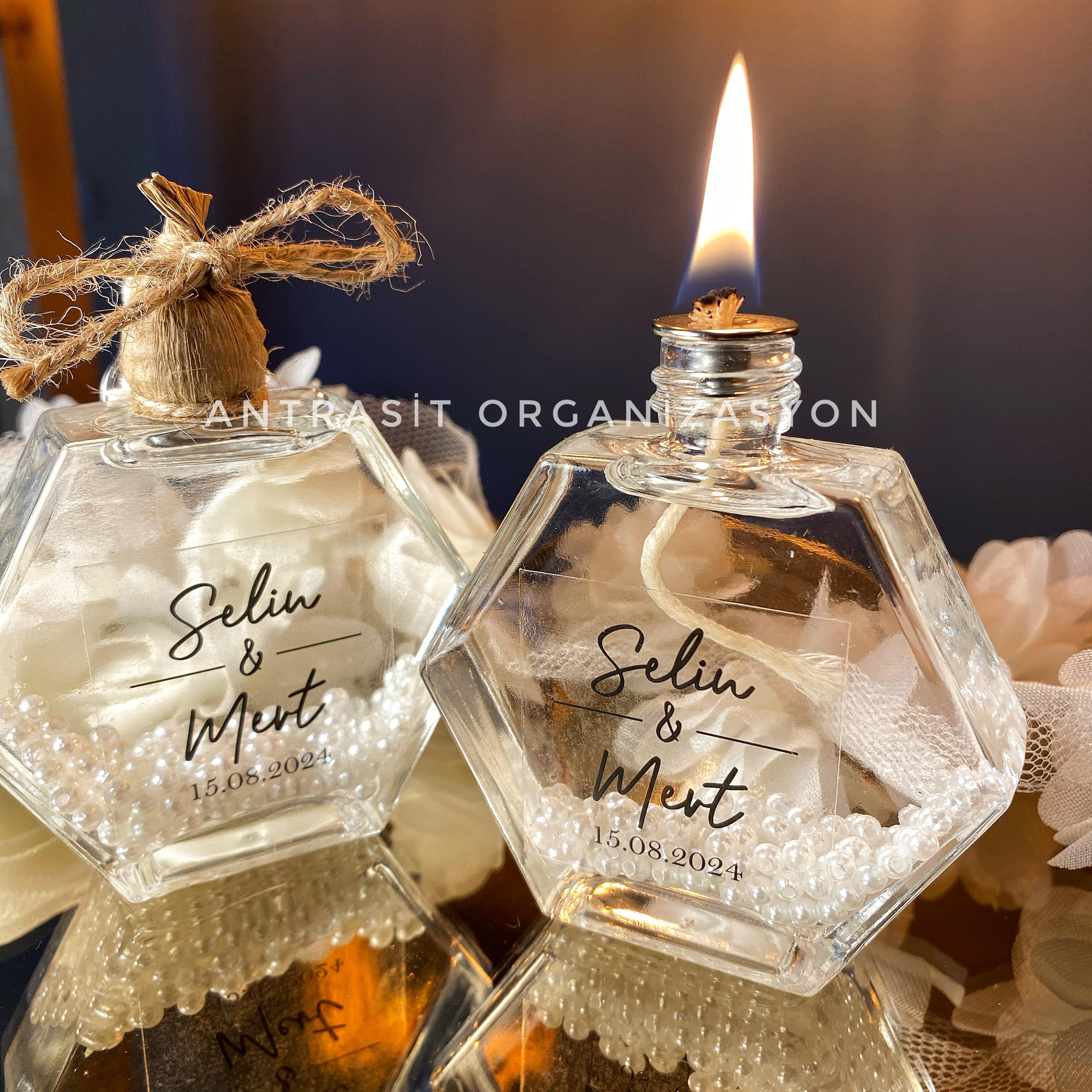 Antrasit Organizasyon İncili Kandil 50 CC Altıgen Cam Şişe Nikah Nişan Söz Bebek Şekeri Hediyelik