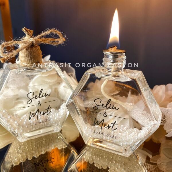 Antrasit Organizasyon İncili Kandil 50 CC Altıgen Cam Şişe Nikah Nişan Söz Bebek Şekeri Hediyelik