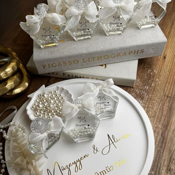 Antrasit Organizasyon İncili Kolonya Şişesi 50 CC Altıgan Cam Nikah Nişan Söz Bebek Şekeri Hediyelik