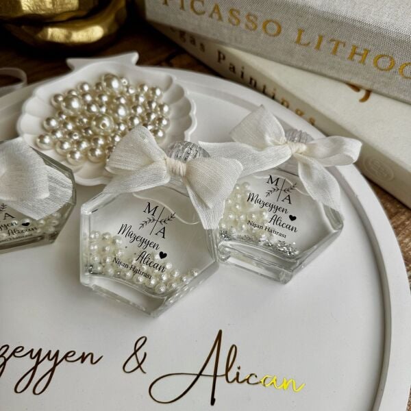 Antrasit Organizasyon İncili Kolonya Şişesi 50 CC Altıgan Cam Nikah Nişan Söz Bebek Şekeri Hediyelik