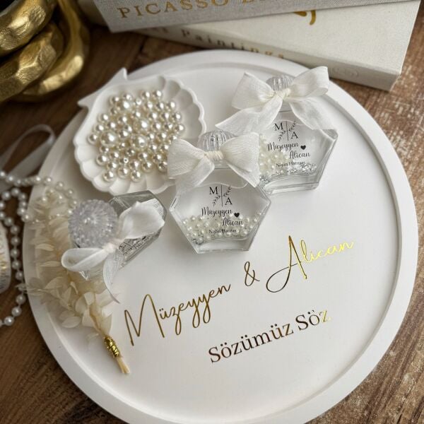 Antrasit Organizasyon İncili Kolonya Şişesi 50 CC Altıgan Cam Nikah Nişan Söz Bebek Şekeri Hediyelik