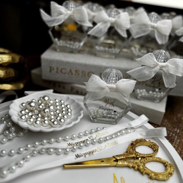 Antrasit Organizasyon İncili Kolonya Şişesi 50 CC Altıgan Cam Nikah Nişan Söz Bebek Şekeri Hediyelik