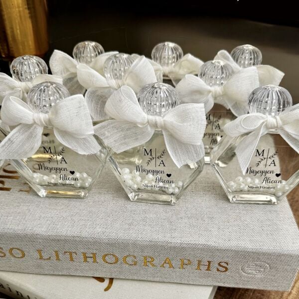 Antrasit Organizasyon İncili Kolonya Şişesi 50 CC Altıgan Cam Nikah Nişan Söz Bebek Şekeri Hediyelik