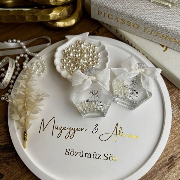 Antrasit Organizasyon İncili Kolonya Şişesi 50 CC Altıgan Cam Nikah Nişan Söz Bebek Şekeri Hediyelik