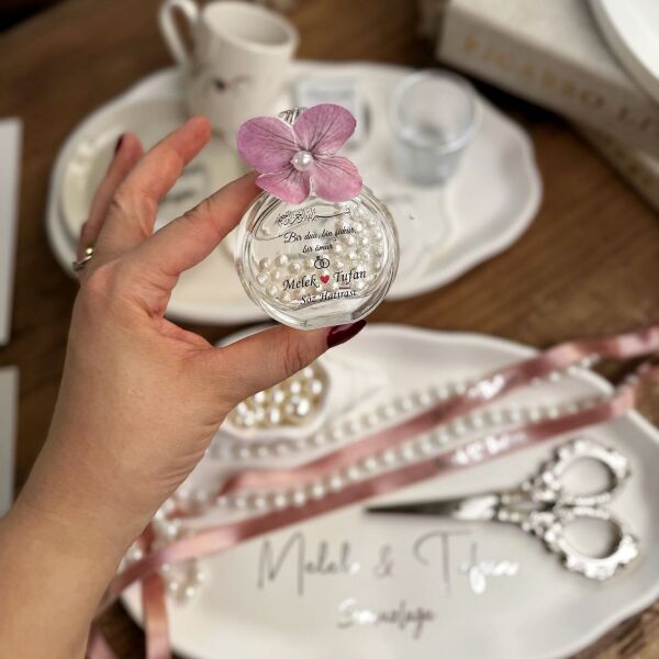 Kolonya Şişesi Pembe Ortanca Süslemeli 50 CC Cam Nikah Nişan Söz Bebek Şekeri Hediyelik Antrasit Organizasyon