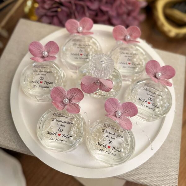 Kolonya Şişesi Pembe Ortanca Süslemeli 50 CC Cam Nikah Nişan Söz Bebek Şekeri Hediyelik Antrasit Organizasyon