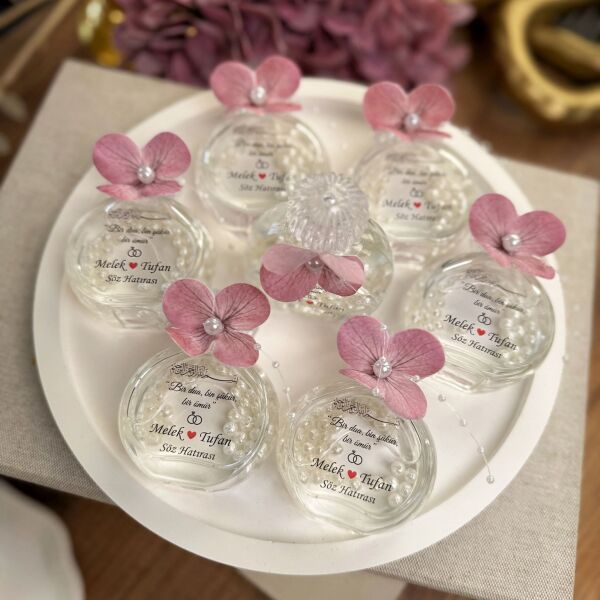 Kolonya Şişesi Pembe Ortanca Süslemeli 50 CC Cam Nikah Nişan Söz Bebek Şekeri Hediyelik Antrasit Organizasyon