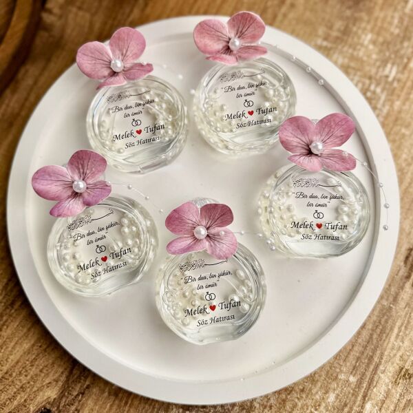 Kolonya Şişesi Pembe Ortanca Süslemeli 50 CC Cam Nikah Nişan Söz Bebek Şekeri Hediyelik Antrasit Organizasyon