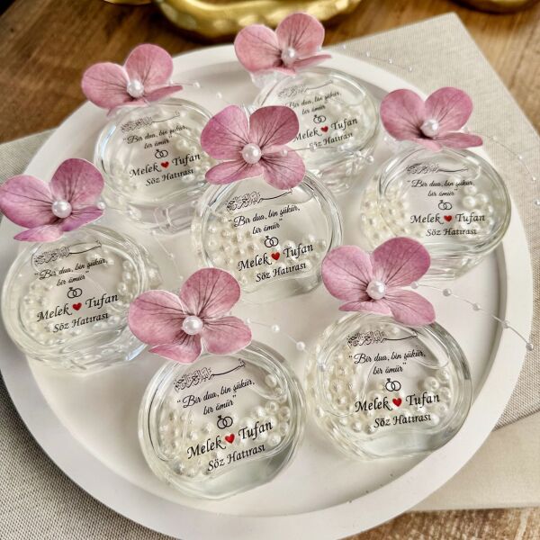 Kolonya Şişesi Pembe Ortanca Süslemeli 50 CC Cam Nikah Nişan Söz Bebek Şekeri Hediyelik Antrasit Organizasyon