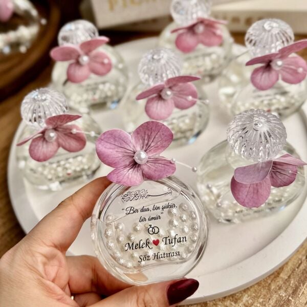 Kolonya Şişesi Pembe Ortanca Süslemeli 50 CC Cam Nikah Nişan Söz Bebek Şekeri Hediyelik Antrasit Organizasyon