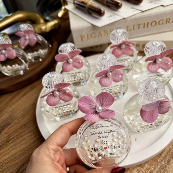 Kolonya Şişesi Pembe Ortanca Süslemeli 50 CC Cam Nikah Nişan Söz Bebek Şekeri Hediyelik Antrasit Organizasyon