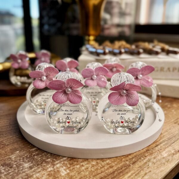 Kolonya Şişesi Pembe Ortanca Süslemeli 50 CC Cam Nikah Nişan Söz Bebek Şekeri Hediyelik Antrasit Organizasyon