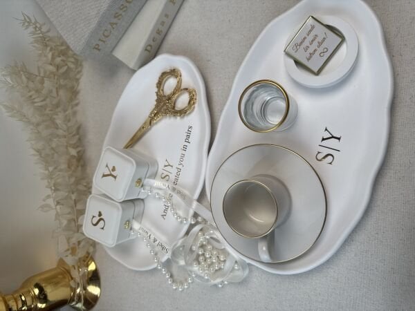 Yüzük Kutulu Nişan Tepsisi ve Söz Tepsisi Tam Set * İsimli Yüzük Tepsisi ve Damat Fincan Takımı - Kurdele ve Çikolata Hediyeli – Ücretsiz Kargo