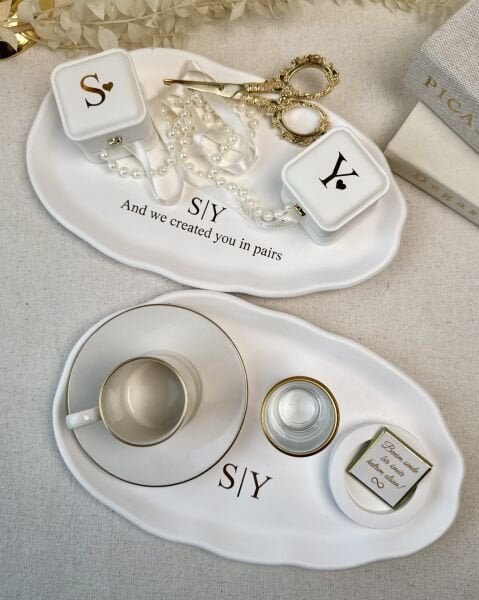 Yüzük Kutulu Nişan Tepsisi ve Söz Tepsisi Tam Set * İsimli Yüzük Tepsisi ve Damat Fincan Takımı - Kurdele ve Çikolata Hediyeli – Ücretsiz Kargo