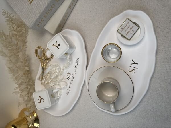 Yüzük Kutulu Nişan Tepsisi ve Söz Tepsisi Tam Set * İsimli Yüzük Tepsisi ve Damat Fincan Takımı - Kurdele ve Çikolata Hediyeli – Ücretsiz Kargo