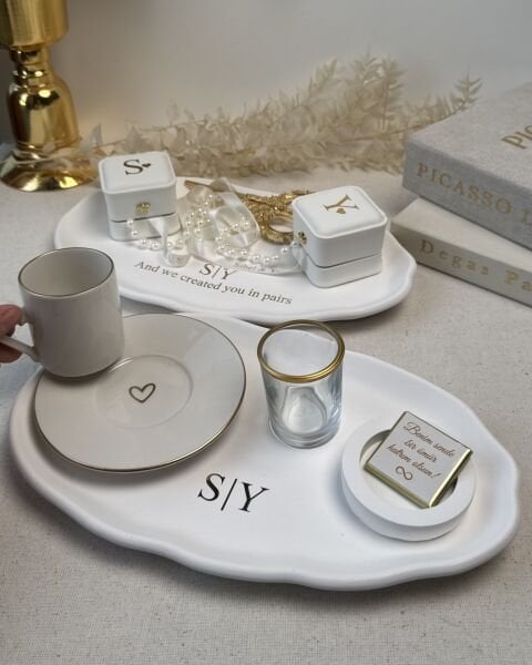 Yüzük Kutulu Nişan Tepsisi ve Söz Tepsisi Tam Set * İsimli Yüzük Tepsisi ve Damat Fincan Takımı - Kurdele ve Çikolata Hediyeli – Ücretsiz Kargo