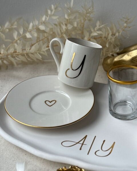 Tek Fincan İsme Özel Yazılı - 1 ADET FİNCAN + 1 ADET FİNCAN TABAĞI - gold veya gümüş yazılabilir - Su bardağı seçimlerden ekstra eklenebilir